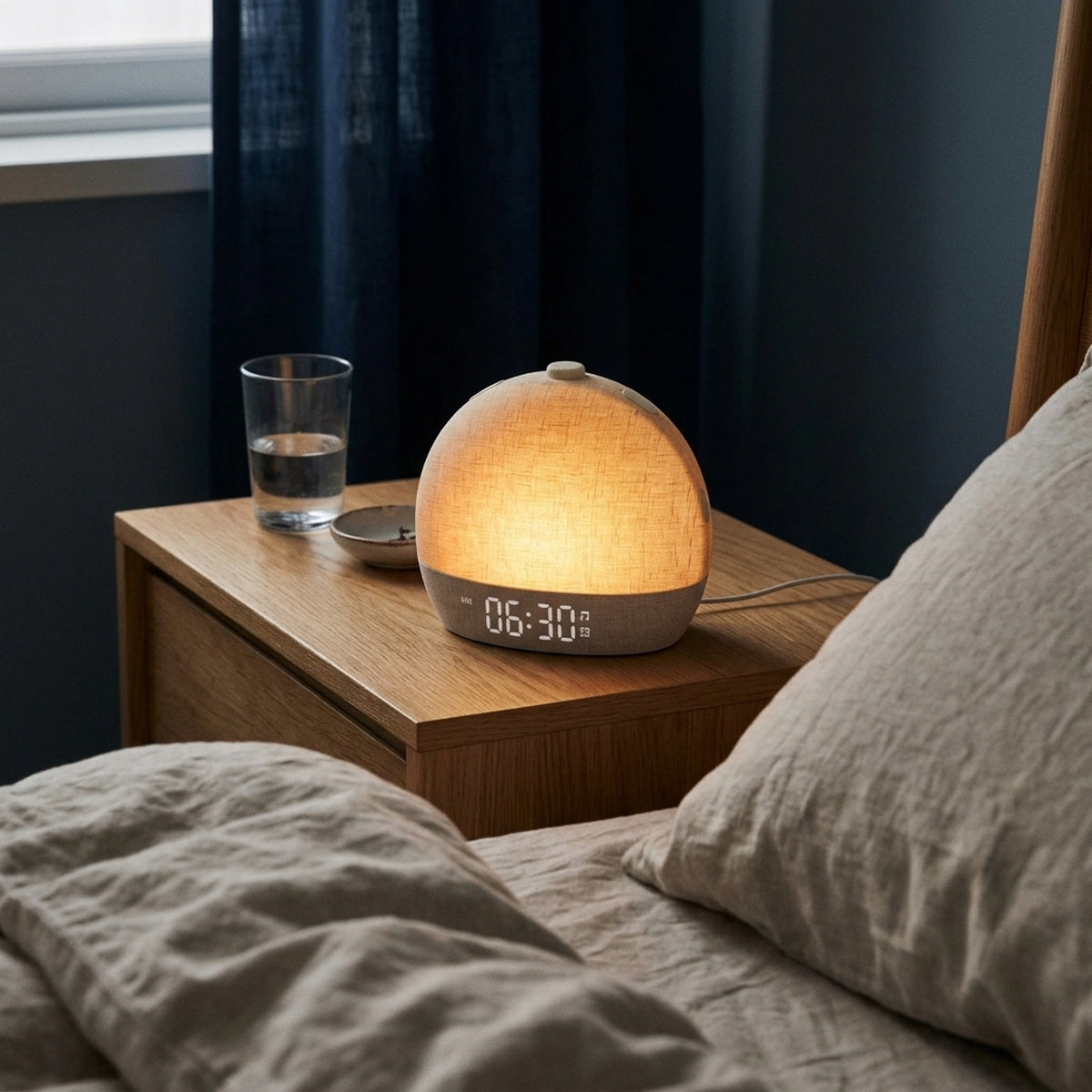 Daybreak Sunrise Alarm Clock glowing beside a bed in a dark morning bedroom