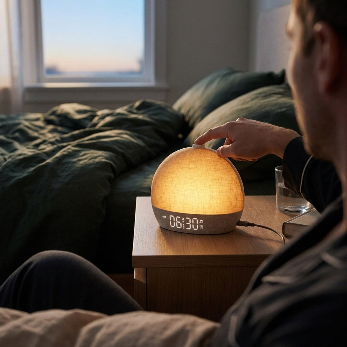 Hand pressing Daybreak’s top snooze button beside a bed