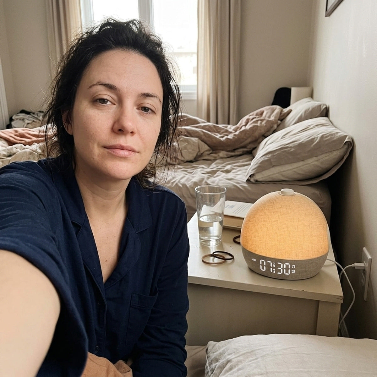 Woman taking a casual waking selfie beside a glowing Daybreak clock