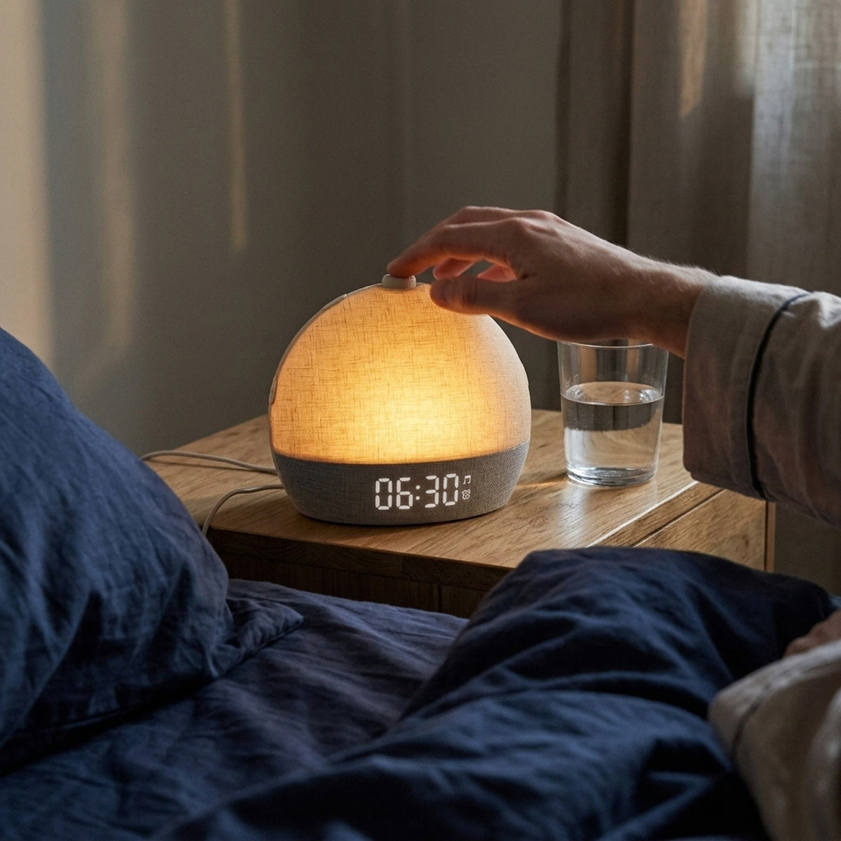 Bedside point-of-view photo of a hand reaching for Daybreak’s top snooze button
