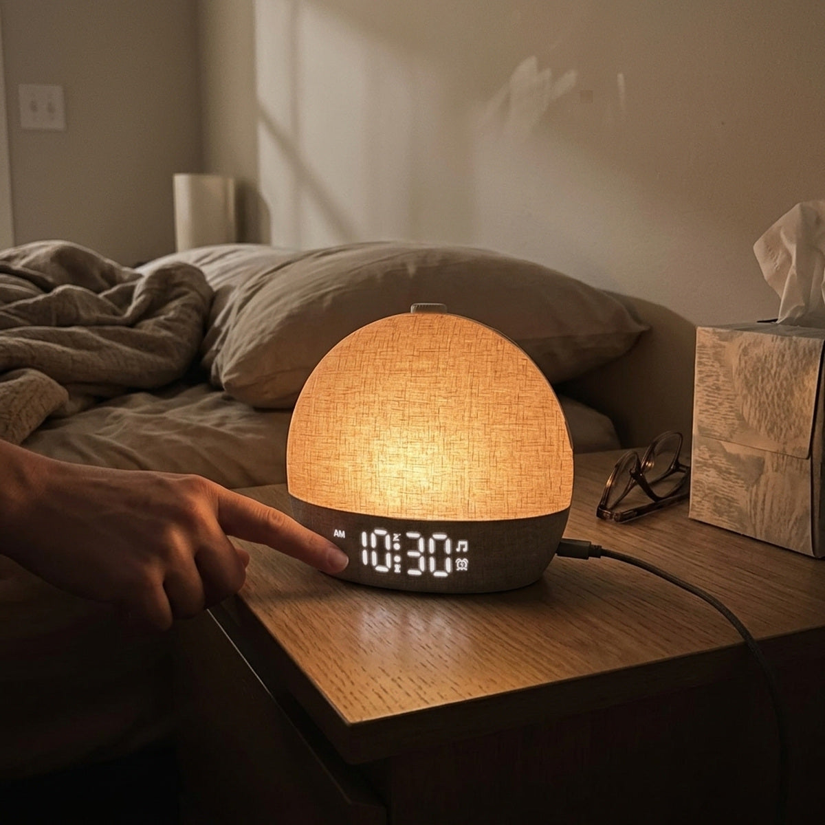 Close bedside view of a hand adjusting Daybreak’s dim time display